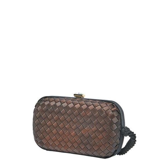 Bottega Veneta Intrecciato Clutch Bag Party Bag Pouch Brown Satin Clear Colored - Picture 2 of 9